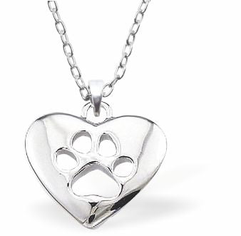 Silver Coloured heart with Dog's Paw Necklace 16mm in size Choice of 18" Stainless Steel or Sterling Silver Chains Hypoallergenic; Free from cadmium, lead and nickel 