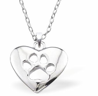Silver Coloured heart with Dog's Paw Necklace 16mm in size Choice of 18" Stainless Steel or Sterling Silver Chains Hypoallergenic; Free from cadmium, lead and nickel