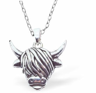 Silver Coloured Long Horn Highland Cow Necklace 21mm in size Choice of 18" Stainless Steel or Sterling Silver Chains Hypoallergenic; Free from cadmium, lead and nickel 