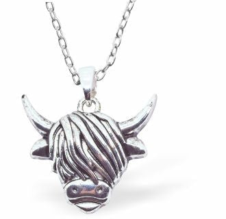 Silver Coloured Long Horn Highland Cow Necklace 21mm in size Choice of 18" Stainless Steel or Sterling Silver Chains Hypoallergenic; Free from cadmium, lead and nickel