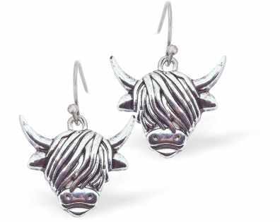 Long Horn Highland Cow Drop Earrings Silver Coloured, 18mm in size Rhodium Plated Hypoallergenic; Free from cadmium, lead and nickel