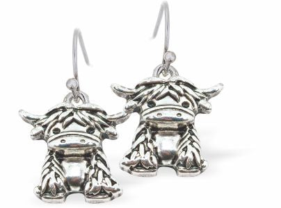 Kyloe Highland Cow Drop Earrings Silver Coloured 15mm in size, Rhodium Plated Hypoallergenic; Free from cadmium, lead and nickel 