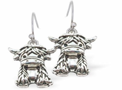 Kyloe Highland Cow Drop Earrings Silver Coloured 15mm in size, Rhodium Plated Hypoallergenic; Free from cadmium, lead and nickel