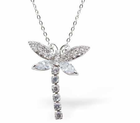 Austrian Crystal Encrusted Dragonfly Necklace, rhodium plated with a choice of chains