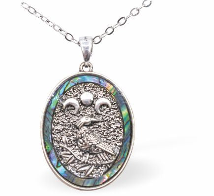 CD55 -Celtic Raven Moon Necklace of Paua Shell, Rhodium Plated