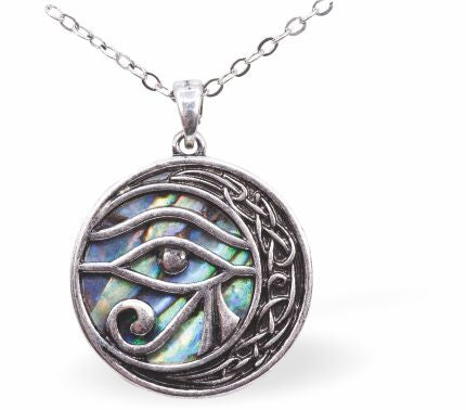 CD59 -Celtic Eye of Horus Necklace of Paua Shell, Rhodium Plated