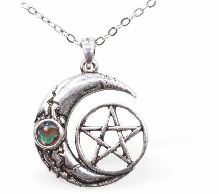 CD61 -Celtic Crescent Moon with Pentagram Necklace of Paua Shell, Rhodium Plated