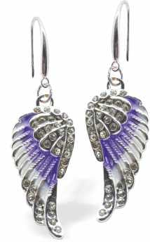 Angel Wing Designer Drop  Earrings in Purple and White, Rhodium Plated