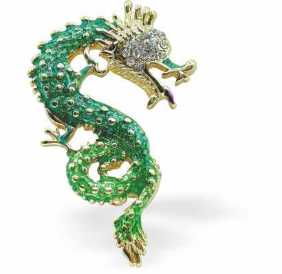 Rich Gradation of Green Enamelled Ornate Dragon Brooch by Byzantium, 45mm in size, Rhodium Plated