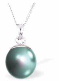 Austrian Crystal Pearl Necklace Colour: Iridescent Light Turquoise Pearl is 10mm in size Choice of 18" Stainless Steel or Sterling Silver See choice of stud earrings (CP 141 and CP161) or drop earrings (CP121)