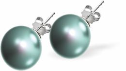 Austrian Crystal Classic Pearl Stud Earrings in Iridescent Light turquoise blue Pearls are 6mm and 8mm in size Hypo allergenic, free from cadmium, lead and nickel Colour: Iridescent Light Turquoise blue Rhodium Plated Earwires See matching Necklace CP101