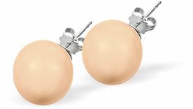 Austrian Crystal Classic Pearl Stud Earrings in Peach Pink Pearls are 6mm and 8mm in size Hypo allergenic, free from cadmium, lead and nickel Colour: Peach Pink Rhodium Plated Earwires See matching Necklace CP103