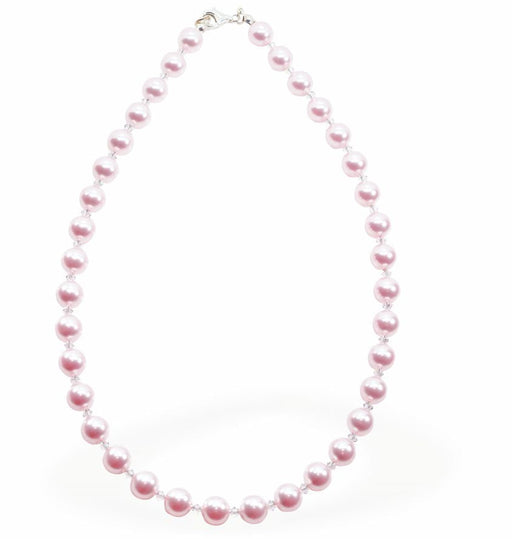 Austrian Crystal String of Pearls with Crystals Necklace Colour: Rosaline Pink Pearl is 8mm in size, 16" string See matching drop earrings (CP185) and bracelet (CP184)