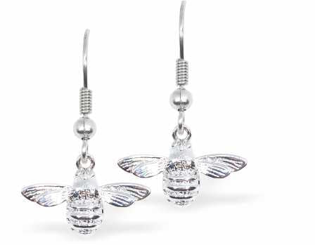 Silver Coloured Bee Drop Earrings with Sterling Silver Earwires