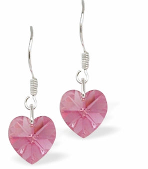 Austrian Crystal Cute Heart Drop Earrings in Rose Pink with Sterling Silver Earwires