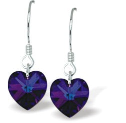 Austrian Crystal Heart Drop Earrings in Heliotrope Purply/Blue with Sterling silver earwires.