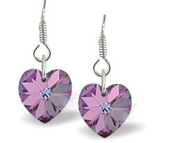 Austrian Crystal Heart Drop Earrings in Vitrail Light Pinky/Blue, with Sterling Silver Earwires.