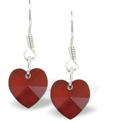 Austrian Crystal Heart Drop Earrings in Siam Red, with Sterling silver earwires.