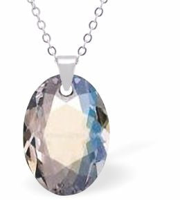 Austrian Crystal Multi Faceted Oval Elliptic Necklace Clear Crystal Shimmer in Colour 16mm in size Choice of 18" Stainless Steel or Sterling Silver Chain Hypo allergenic: Free from Lead, Nickel and Cadmium See matching earrings EL51 