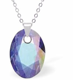 Austrian Crystal Multi Faceted Oval Elliptic Necklace Aurora Borealis in Colour 16mm in size Choice of 18" Stainless Steel or Sterling Silver Chain Hypo allergenic: Free from Lead, Nickel and Cadmium See matching earrings EL53