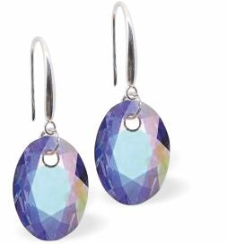 Austrian Crystal Multi Faceted Oval Elliptic Drop Earrings Aurora Borealis in Colour 11.5mm in size - Rhodium Plated Earwires Hypo allergenic: Free from Lead, Nickel and Cadmium See matching necklace EL52