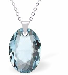 Austrian Crystal Multi Faceted Oval Elliptic Necklace Aquamarine Blue in Colour 16mm in size Choice of 18" Stainless Steel or Sterling Silver Chain Hypo allergenic: Free from Lead, Nickel and Cadmium See matching earrings EL55