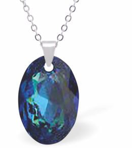 Austrian Crystal Multi Faceted Oval Elliptic Necklace Bermuda Blue in Colour 16mm in size Choice of 18" Stainless Steel or Sterling Silver Chain Hypo allergenic: Free from Lead, Nickel and Cadmium See matching earrings EL59