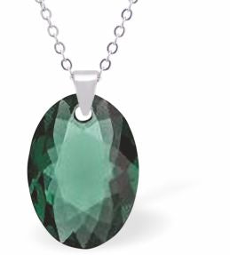 Austrian Crystal Multi Faceted Oval Elliptic Necklace Emerald Green in Colour 16mm in size Choice of 18" Stainless Steel or Sterling Silver Chain Hypo allergenic: Free from Lead, Nickel and Cadmium See matching earrings EL60 