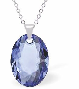 Austrian Crystal Multi Faceted Oval Elliptic Necklace Sapphire Blue in Colour 16mm in size Choice of 18" Stainless Steel or Sterling Silver Chain Hypo allergenic: Free from Lead, Nickel and Cadmium See matching earrings EL63