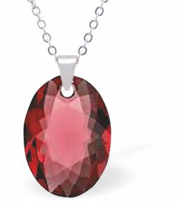 Austrian Crystal Multi Faceted Oval Elliptic Necklace Scarlet Red in Colour 16mm in size Choice of 18" Stainless Steel or Sterling Silver Chain Hypo allergenic: Free from Lead, Nickel and Cadmium See matching earrings EL65