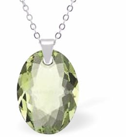 Austrian Crystal Multi Faceted Oval Elliptic Necklace Peridot Green in Colour 16mm in size Choice of 18" Stainless Steel or Sterling Silver Chain Hypo allergenic: Free from Lead, Nickel and Cadmium See matching earrings EL69