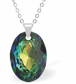 Austrian Crystal Multi Faceted Oval Elliptic Necklace Vitrail Medium in Colour 16mm in size Choice of 18" Stainless Steel or Sterling Silver Chain Hypo allergenic: Free from Lead, Nickel and Cadmium See matching earrings EL73 