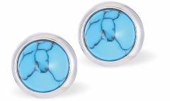 Classic Round Turquoise Blue Stud Earrings Golden Coloured Titanium Steel 8mm in size Hypoallergenic: Nickel, Lead and Cadmium Free