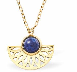 Golden Fan Necklace with Central Synthetic Blue Lapis Lazuli 18mm in size Hypoallergenic: Nickel, Lead and Cadmium Free 