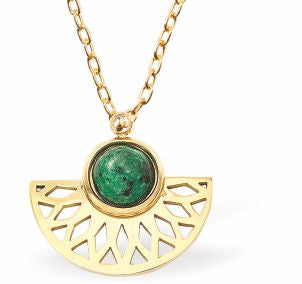 Golden Fan Necklace with central synthetic Green Sesame Jasper 18mm in size Hypoallergenic: Nickel, Lead and Cadmium Free 