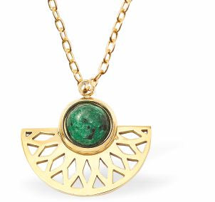 Golden Fan Necklace with central synthetic Green Sesame Jasper 18mm in size Hypoallergenic: Nickel, Lead and Cadmium Free