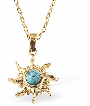 Golden Shadow Sun Necklace with Central Turquoise Stone 14mm in size with 18" Chain Hypoallergenic: Nickel, Lead and Cadmium Free