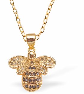 Glowing Golden Bee Necklace with pave crystals 16mm in size with 18" Chain Hypoallergenic: Nickel, Lead and Cadmium Free 