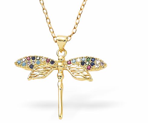 Golden Dragonfly Necklace with Multi Coloured Pave Crystal 31mm in size with 18" Chain Hypoallergenic: Nickel, Lead and Cadmium Free