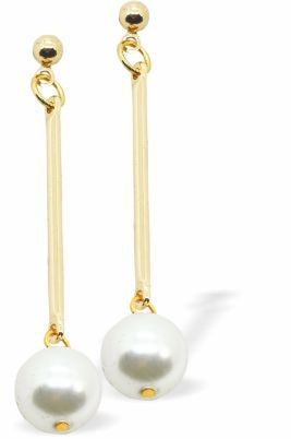 Golden Long Drop Earrings with White Pearl 40mm drop Rhodium Plated Earwires Hypoallergenic: Nickel, Lead and Cadmium Free 