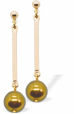 Golden Long Drop Earrings with Bronze Pearl 40mm long drop Rhodium Plated Earwires Hypoallergenic: Nickel, Lead and Cadmium Free 
