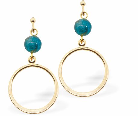 Golden Drop Earrings with Circle and Turquoise Bead 40mm in size, Rhodium Plated Hypoallergenic: Nickel, Lead and Cadmium Free 