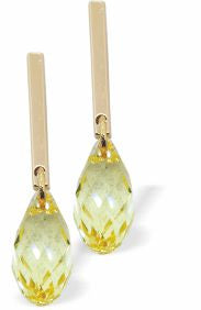 Golden Long Drop Earrings with Green Jonquil Briolette Crystal, 23mm in size Hypoallergenic: Nickel, Lead and Cadmium Free 