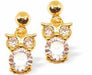 Bright Gold Plated Gorgeous Sparkly Baby Owl Earrings with white pearl embellishment by Byzantium.