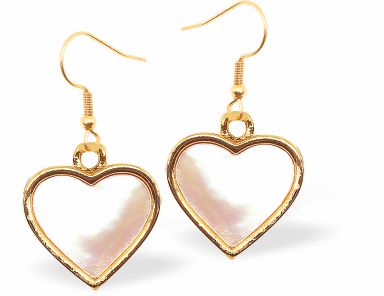 GP55 - Gold Coloured White Pearl Embossed Heart Drop Earrings