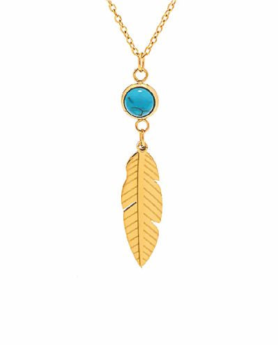 Golden Coloured Feather with Dark Blue Stone Necklace 40mm in size Hypoallergenic: Nickel, Lead and Cadmium Free