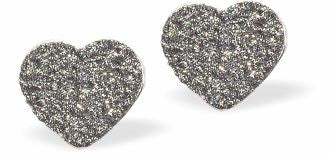 Sparkling multi crystalled pave Heart Stud Earrings Silver Night Grey Colour Rhodium Plated. 8mm in size Hypoallergenic; Free from cadmium, lead and nickel