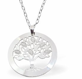 Circular Tree of Life with Leaves necklace Rhodium Plated, Hypoallergenic; Lead, Cadmium and Nickel Free 30mm in size Colour: Silver Chain: Rhodium Plated, 18" / 3" Extension 