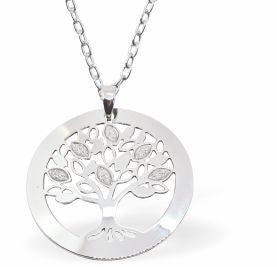 Circular Tree of Life with Leaves necklace Rhodium Plated, Hypoallergenic; Lead, Cadmium and Nickel Free 30mm in size Colour: Silver Chain: Rhodium Plated, 18" / 3" Extension