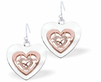 Heart in Heart Drop Earrings Rose Gold and Silver Colour Rhodium Plated, 21mm in size See matching Necklace K614